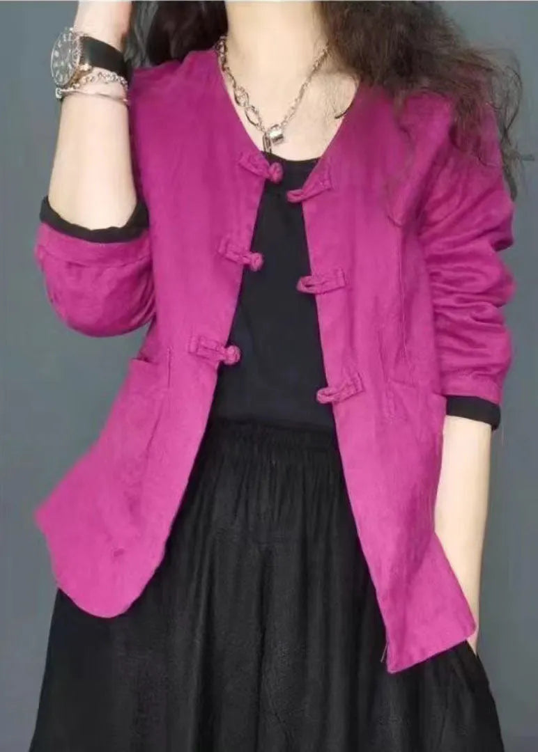 Rose Oriental Button Pockets Linen Coats Spring