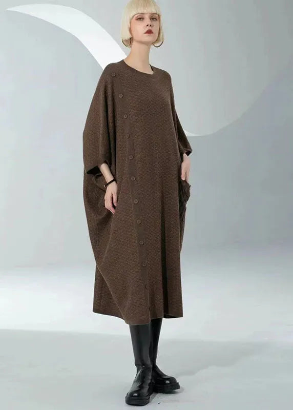 Boutique Chocolate O-neck Patchwork Button Long Wool Knit Dress Bracelet Sleeve