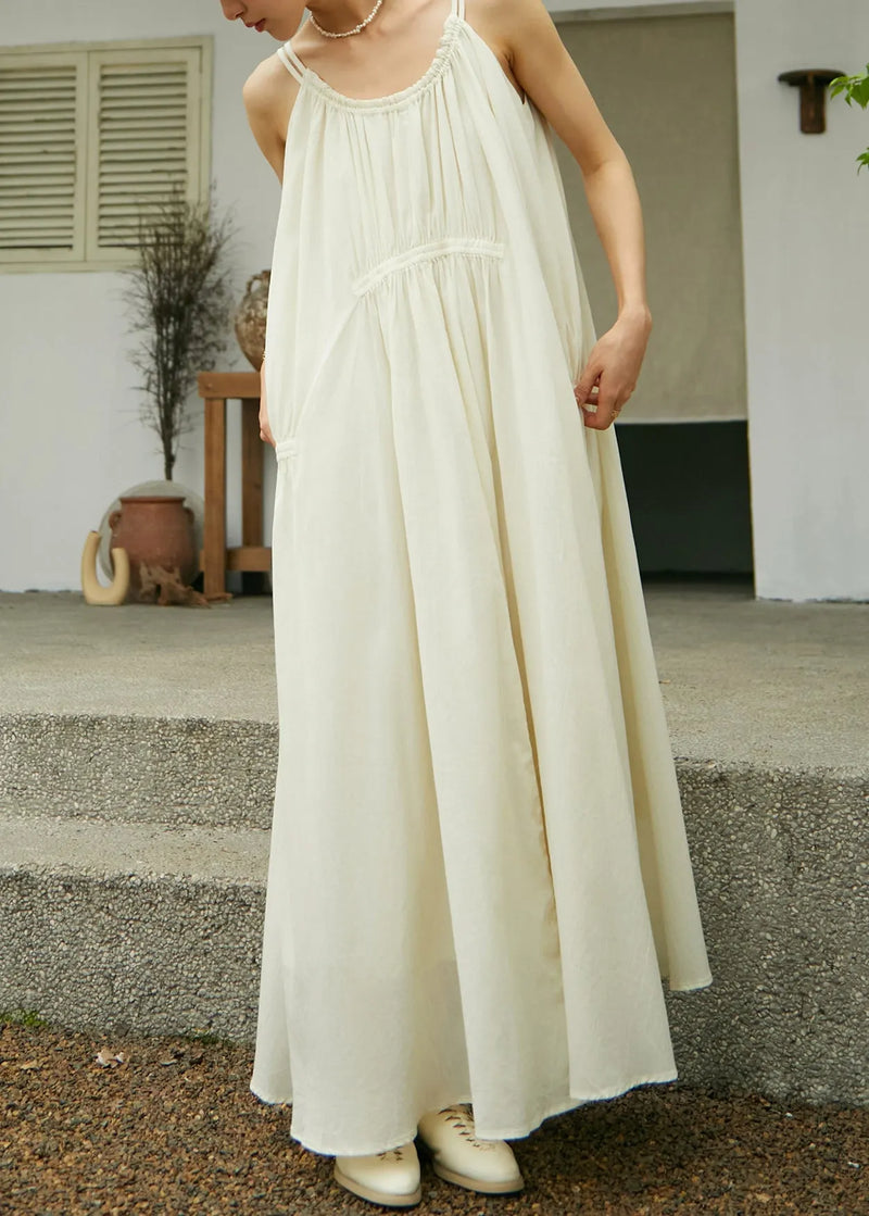 Beige O-neck Wrinkled Cotton Maxi Spaghetti Strap Dress Sleeveless