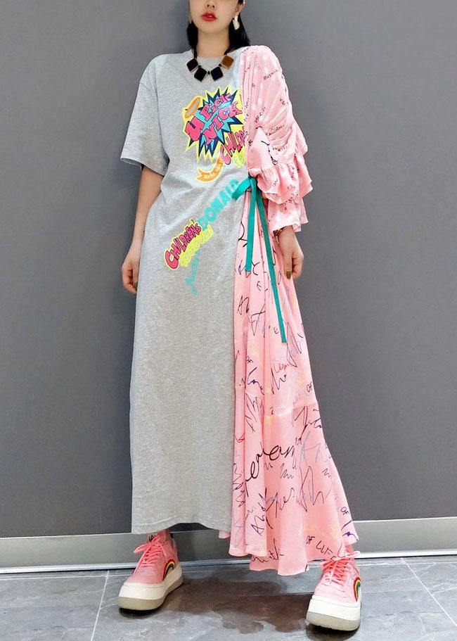 Boutique Patchwork O-neck Print Half Sleeve Asymmetrical Design Fall Cotton Long Dress