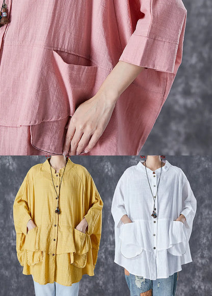 Pink Button Down Pockets Linen Blouses Batwing Sleeve