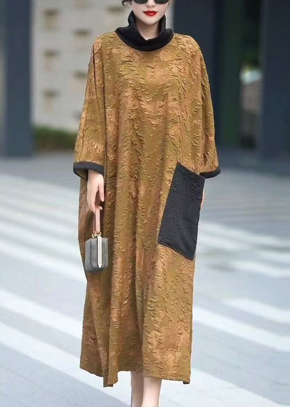 Yellow Turtleneck Pockets Cotton Dresses Batwing Sleeve