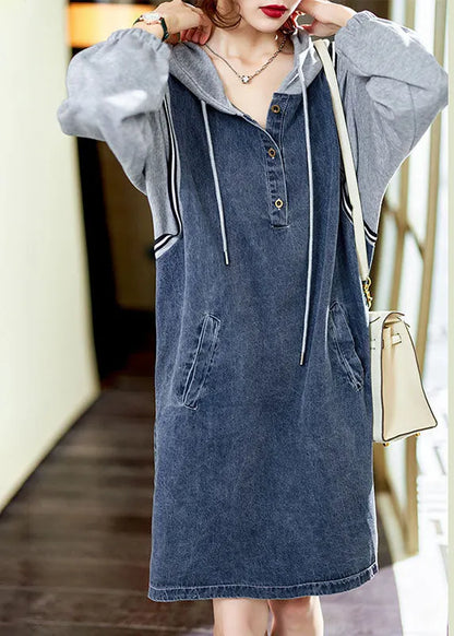 Boutique Blue Hooded Pockets Button Patchwork Fall Long Sleeve Denim Mid Dress
