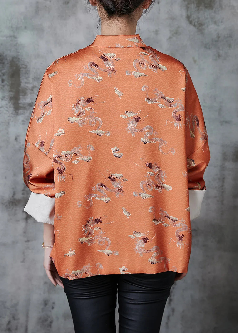 Orange Tasseled Print Side Open Silk Oriental Coats Fall