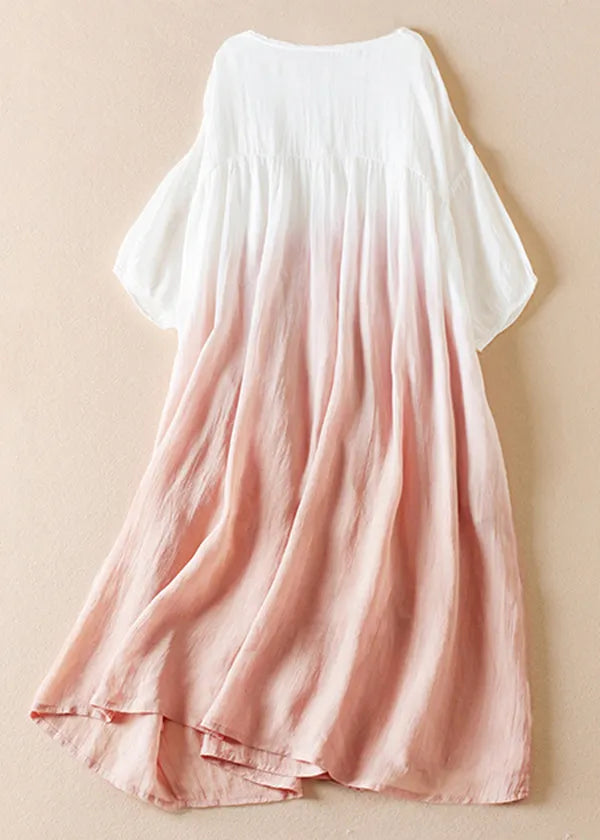 Original Brown Gradient O Neck Wrinkled Cotton Long Dress Half Sleeve