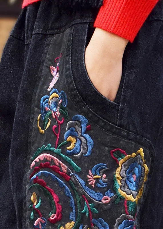 Black Grey Elastic Waist Embroideried Pockets Cotton Denim Harem Pants Spring