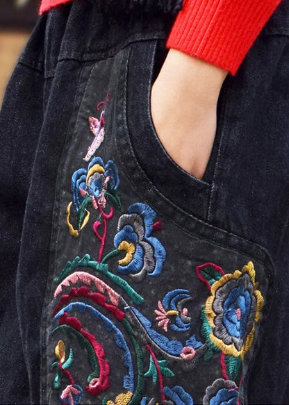 Black Grey Elastic Waist Embroideried Pockets Cotton Denim Harem Pants Spring