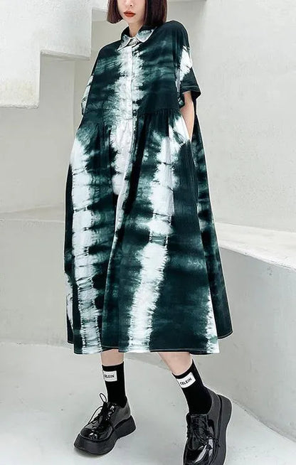 Black Tie Dye Cotton Turn-down Collar Summer Long Dresses