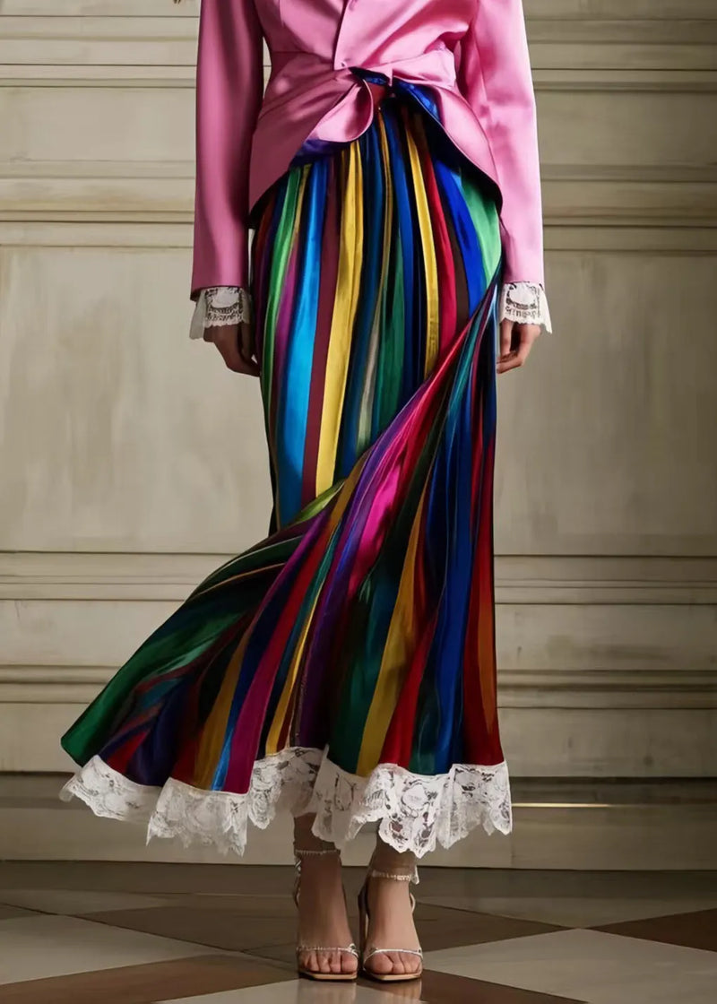 Multicolour Striped Patchwork Lace Silk Pleated Skirt Summer