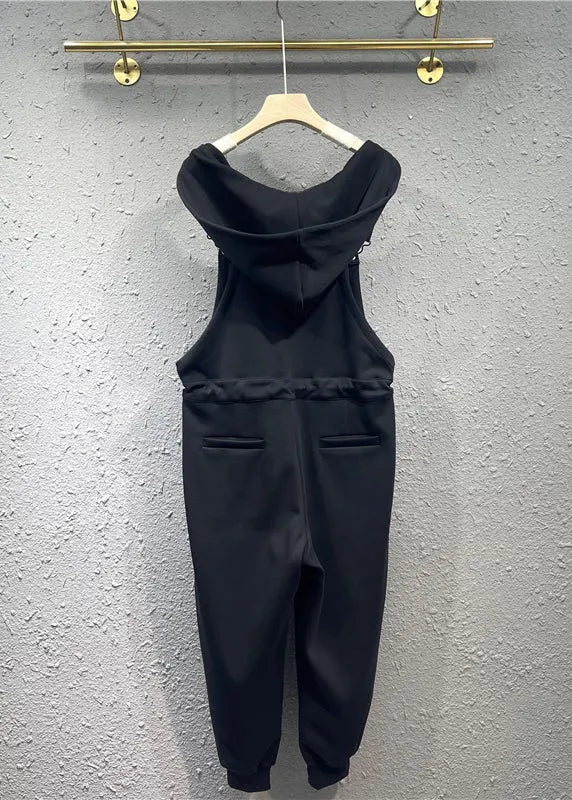 Black Pockets Drawstring Patchwork Cotton Overalls Jumpsuit Fall