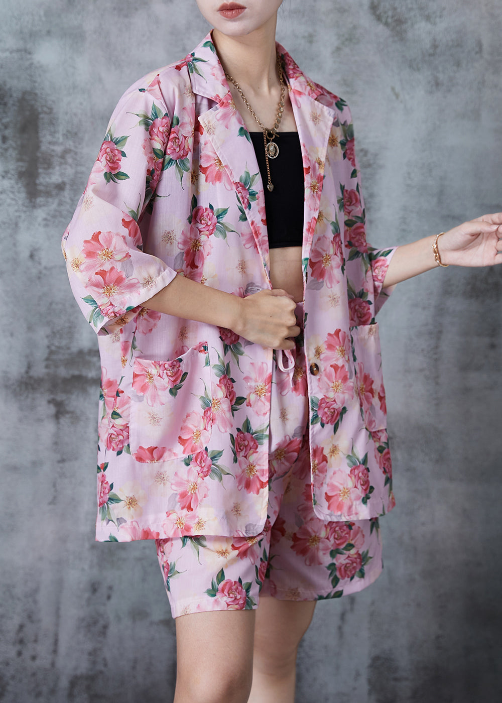 Pink Oversized Print Linen Two Pieces Set Summer
