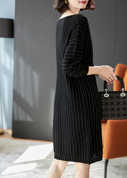 Handmade Black Striped Knit Pullover Dress Spring