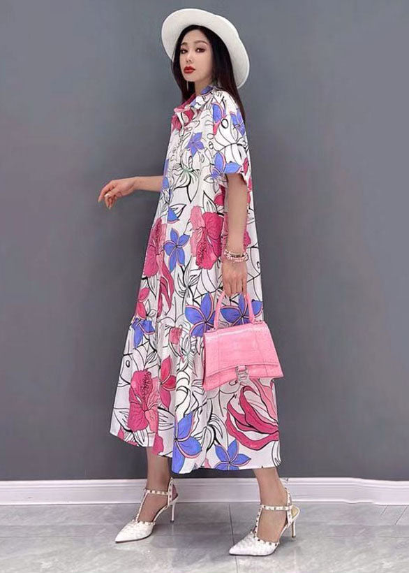Red Print Peter Pan Collar Vacation Dresses Short Sleeve