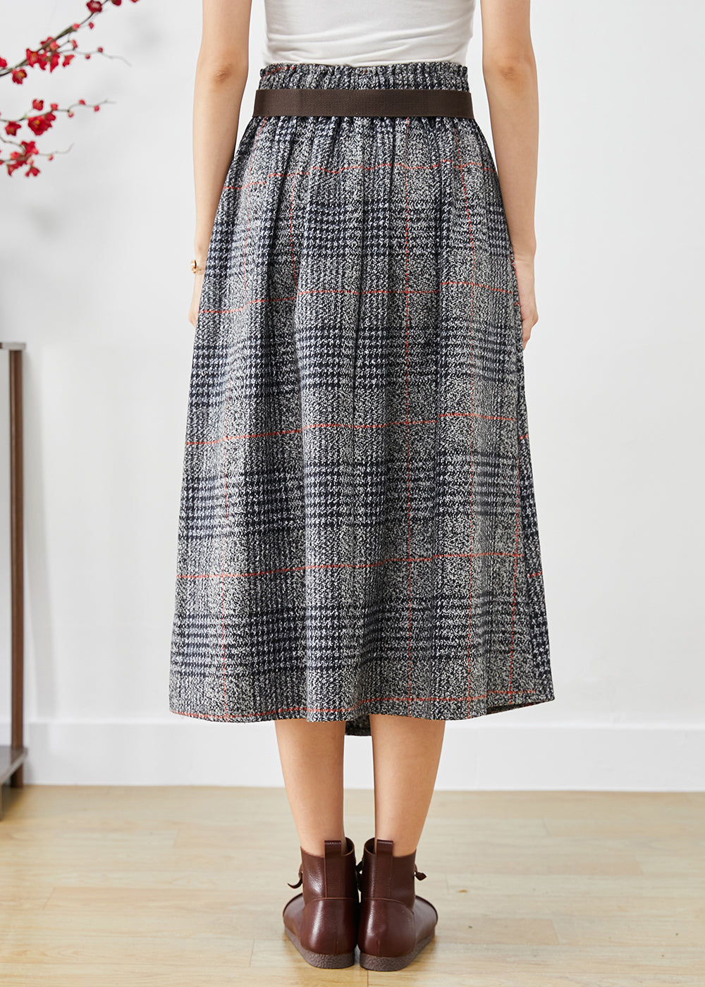 Grey Asymmetrical Plaid Woolen a Line Skirts Fall