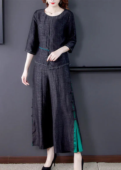 Black Asymmetrical Patchwork Wrinkled Silk Two Piece Suit Set Summer