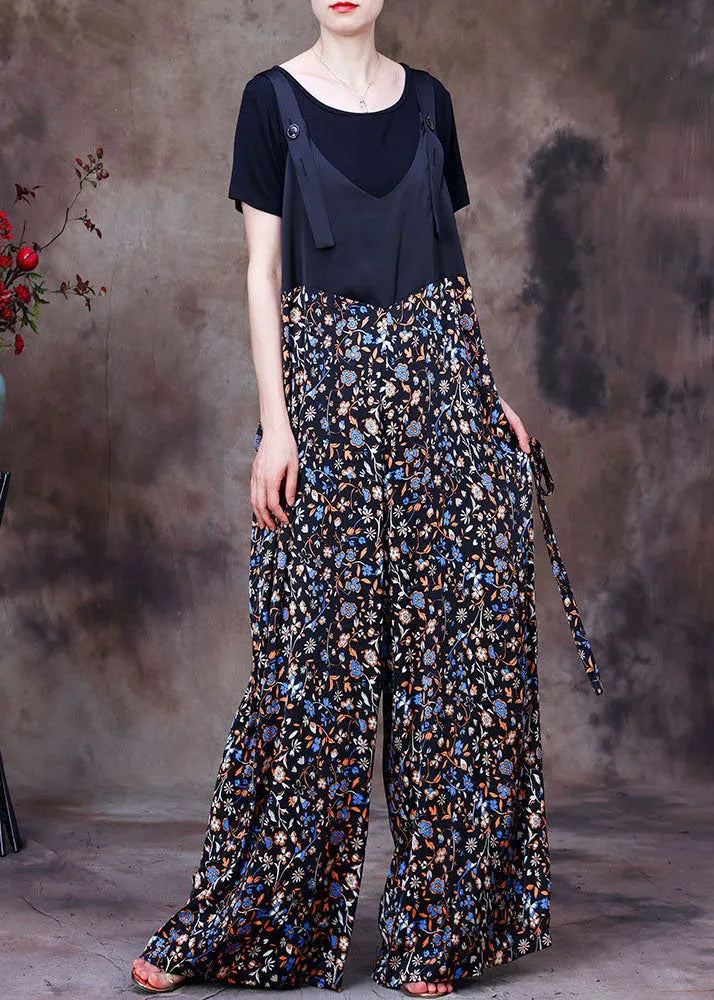 Black Patchwork Print Pockets Silk Overalls Jumpsuit Two Pieces Set Summer