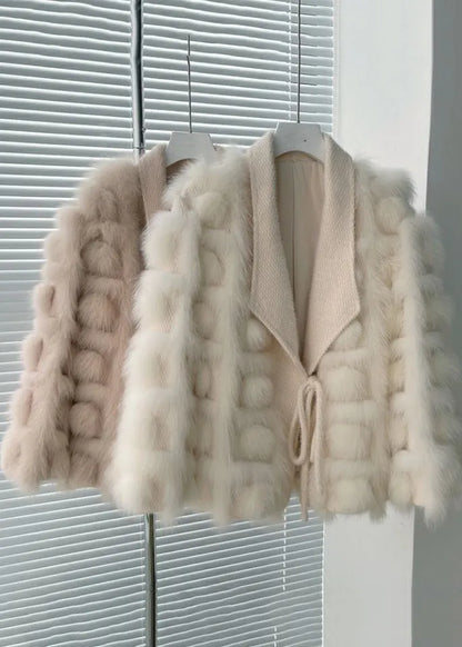 Boutique Beige Knit Patchwork Leather and Fur Jackets Winter
