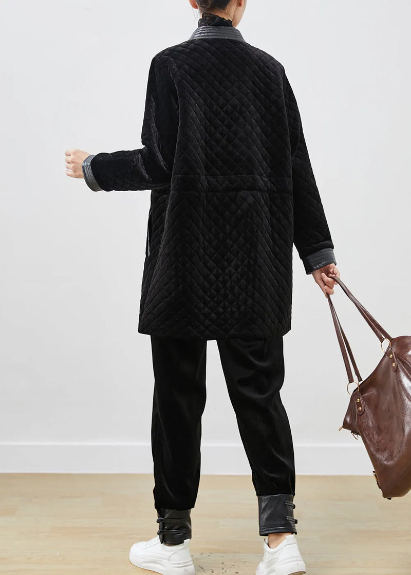 Black Chinese Button Patchwork Silk Velour Coat Winter