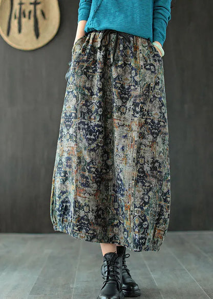 Blue Tie Dye Linen a Line Skirts Elastic Waist Pockets Summer