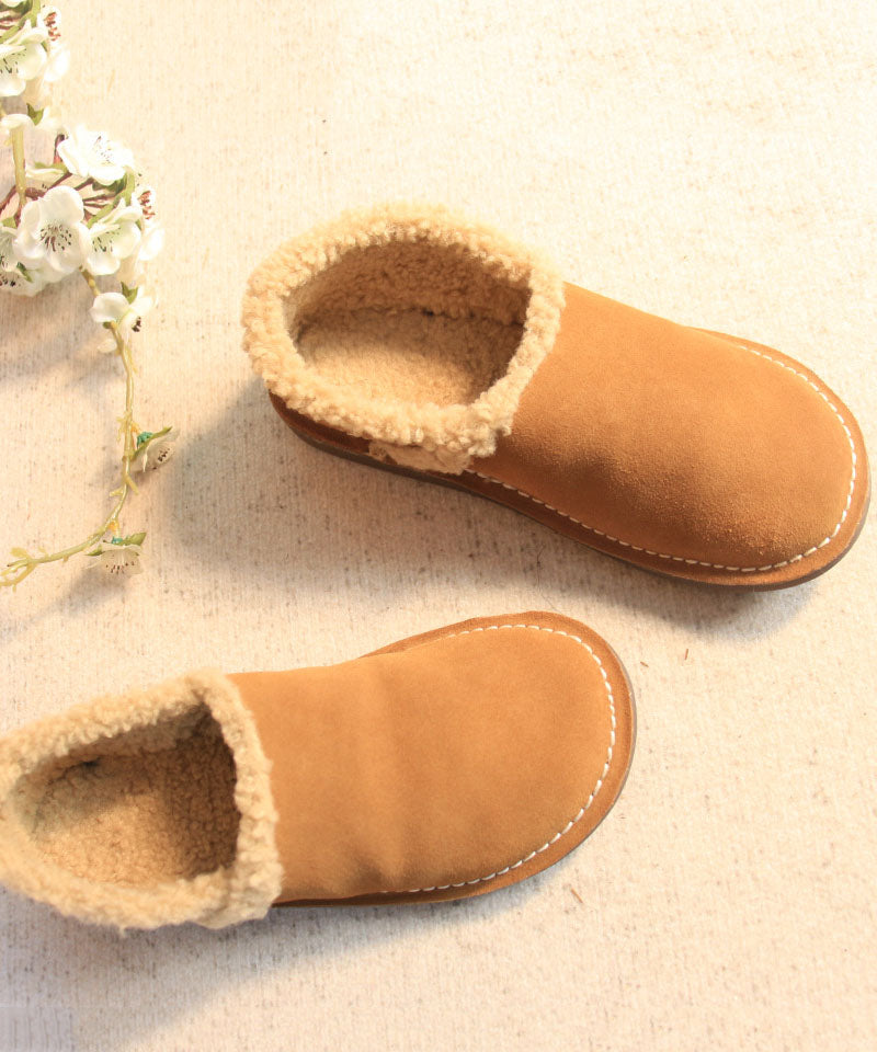 Fine Cowhide Leather Flat Shoes for Khaki Fuzzy Wool Lined Flat Feet Shoes