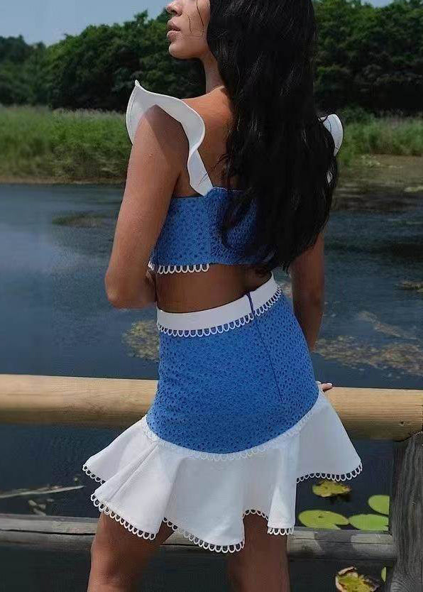 Blue Patchwork Cotton Two Piece Set Outfits Butterfly Sleeve