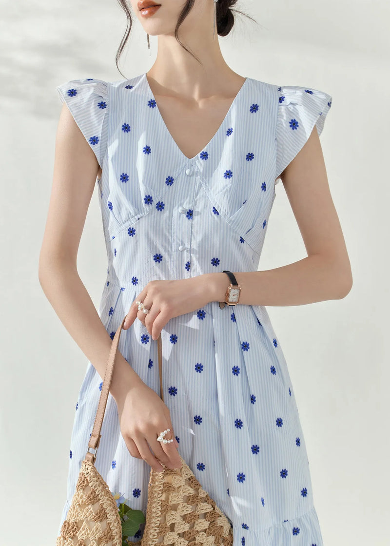 Blue V Neck Print Tunic Maxi Dresses Summer