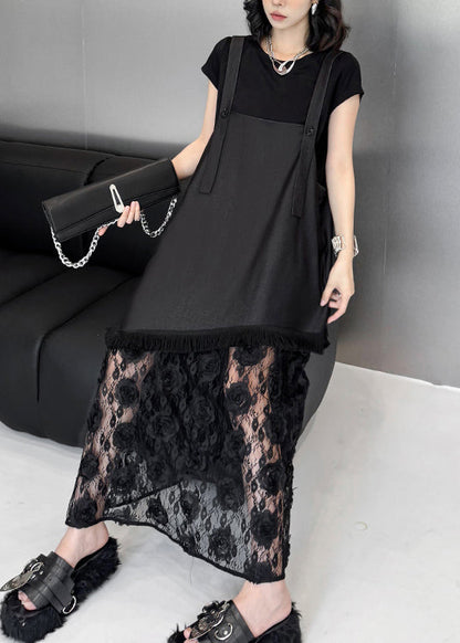 Black Ruffled Lace Patchwork Cotton Strap Dress Summer