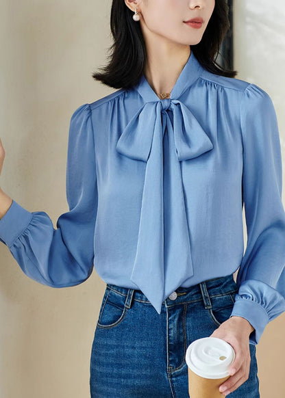 Stylish Blue Bow Patchwork Shirt Fall