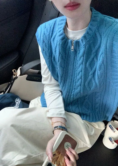 Art Blue O-neck Zippered Cozy Cable Knit Waistcoat Sleeveless