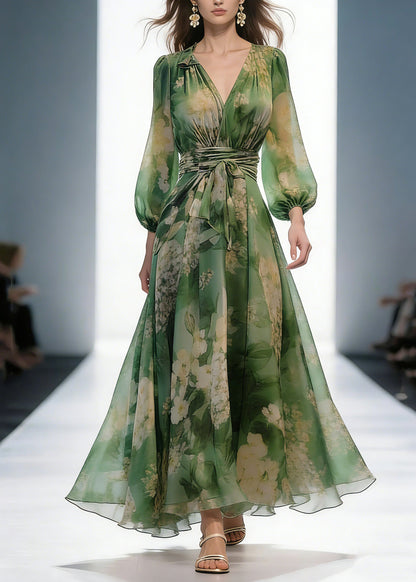 French Green V Neck Print High Waist Chiffon Dresses Long Sleeve Spring