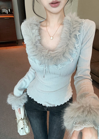 Apricot Fur Lace Patchwork Knit Top Spring