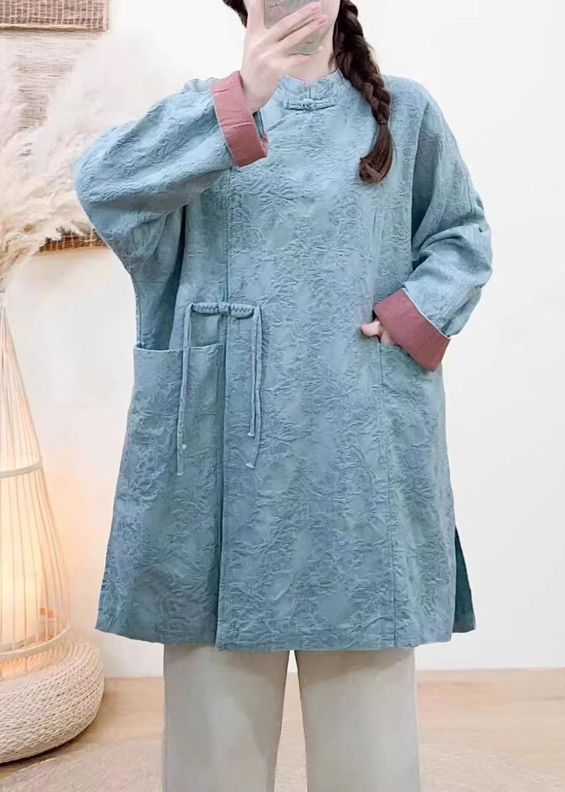 New Yellow Jacquard Pockets Chinese Button Coat Spring