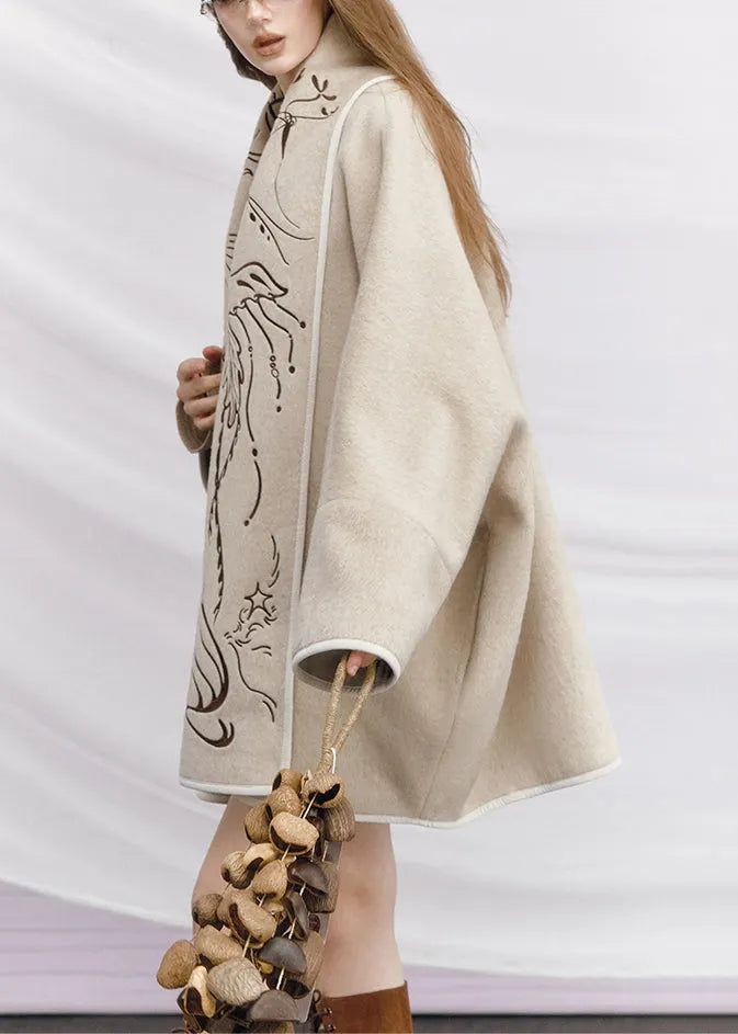 Beige Embroidered Tie Waist Woolen Coats Winter