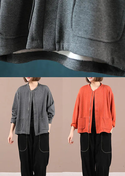 Grey Knit Zippered Patchwork Fall Long Sleeve Jackets