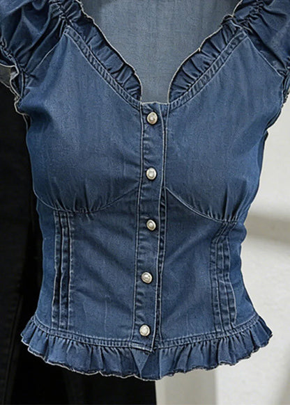 Slim Fit Blue V Neck Ruffled Denim Shirt Short Sleeve