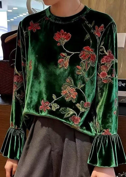 Green O Neck Print Patchwork Velour Blouses Spring