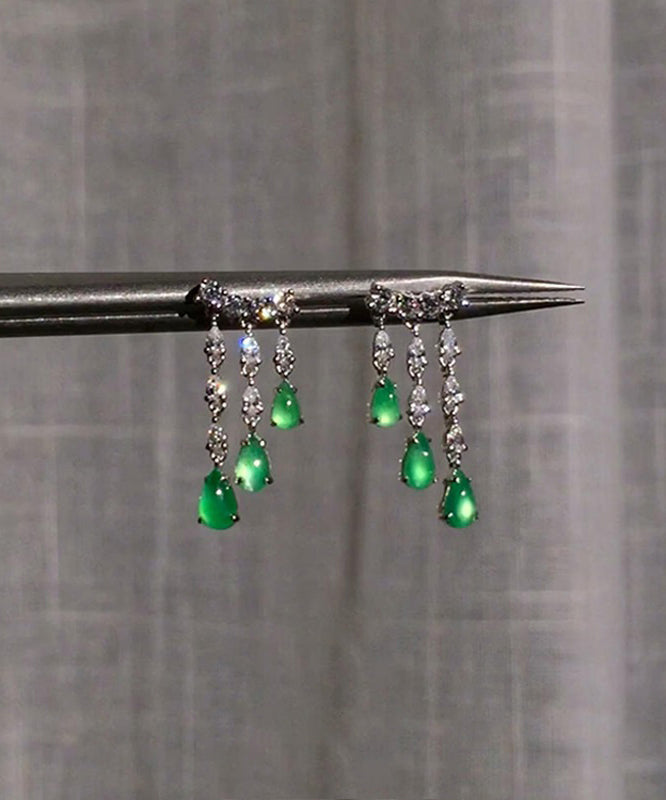 Green Sterling Silver Chalcedony Water Drop Tassel Drop Earrings