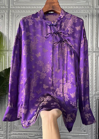Purple Print Lace Up Patchwork Silk Shirts Long Sleeve