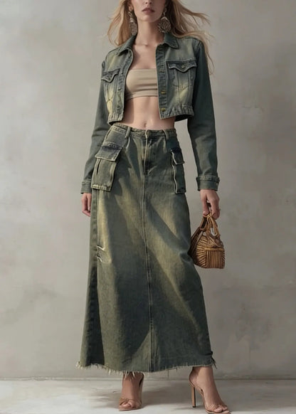 Stylish Peter Pan Collar Coat and Skirts Denim Two Pieces Set Spring