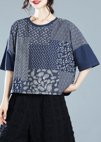 Navy O-neck Patchwork Print Cotton Tanks Half Sleeve