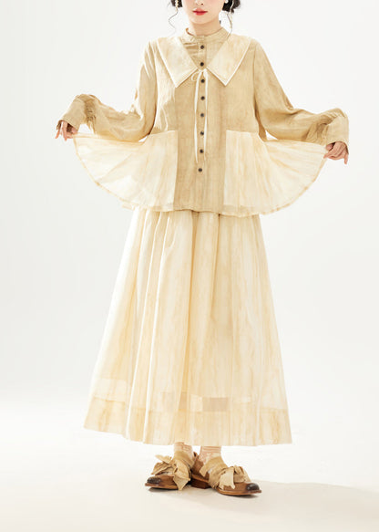 Boutique Stand Collar Tops and Skirts Cotton Two Pieces Set Long Sleeve