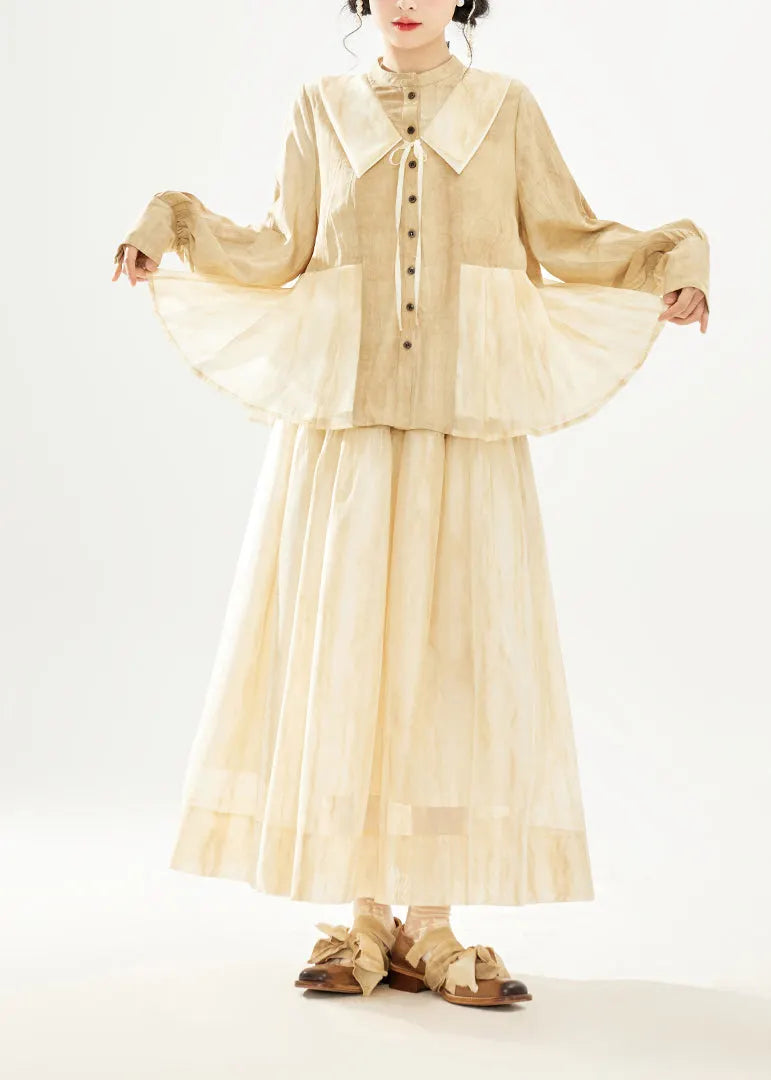 Boutique Stand Collar Tops and Skirts Cotton Two Pieces Set Long Sleeve