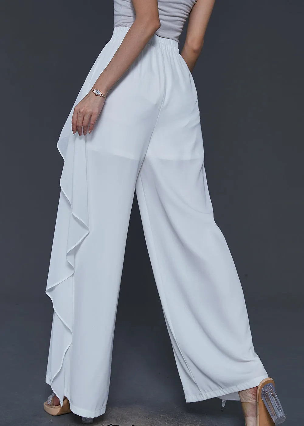 White Patchwork Chiffon Wide Leg Pants Ruffled Summer