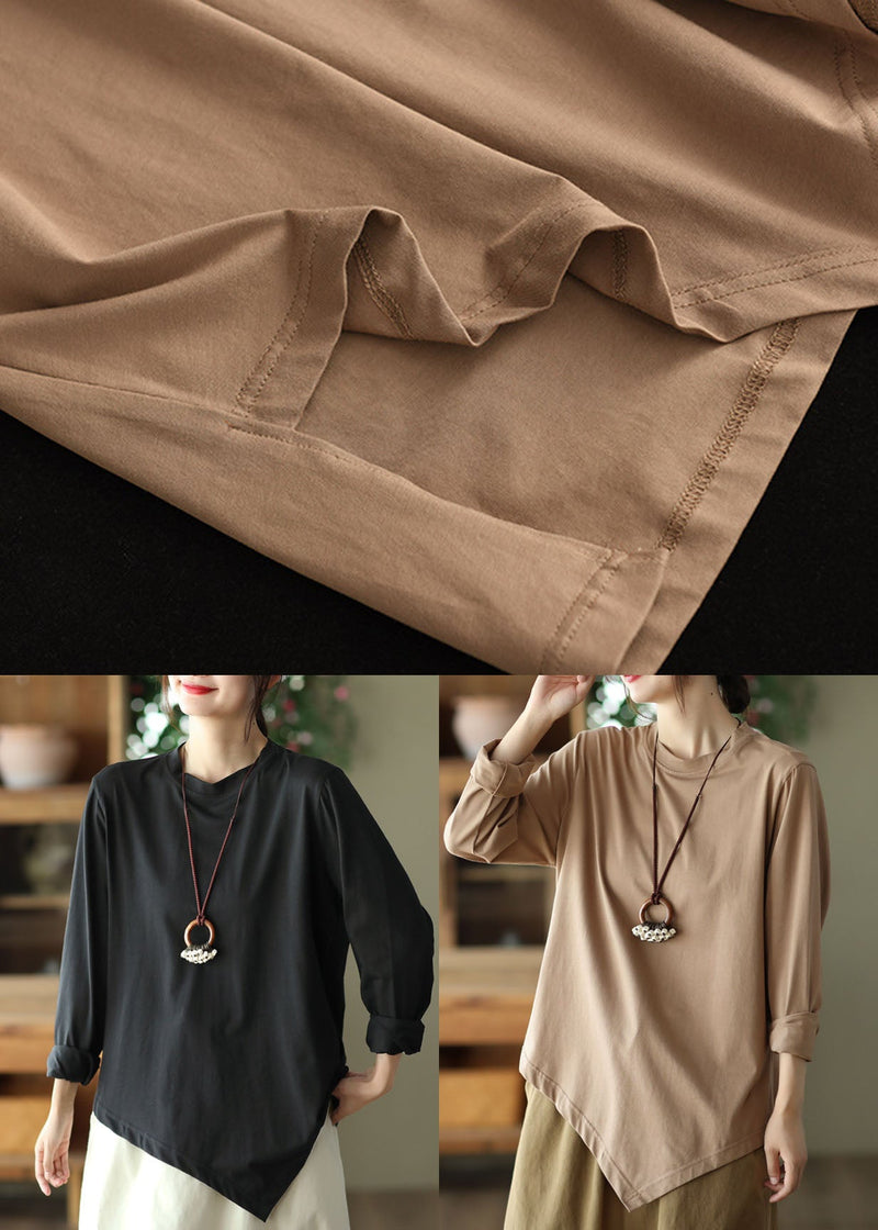 French Black O-neck Asymmetrical Cotton Shirt Top Spring