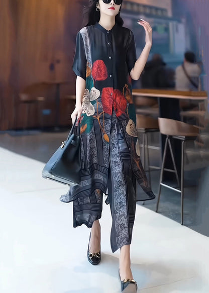 Grey Button Print Silk Two Pieces Set O-neck Short Sleeve