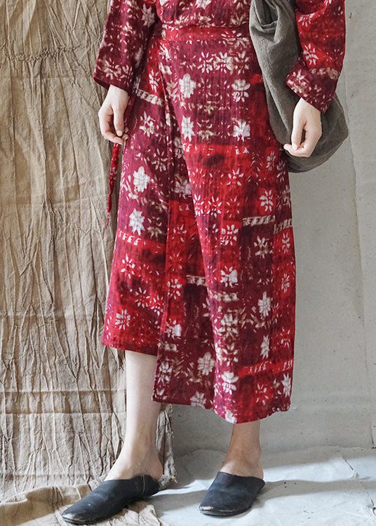 Slim Fit Red Tie Waist Print Asymmetrical Design Cotton Skirt Spring