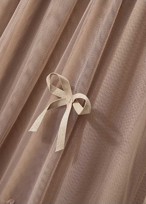 Brown Wrinkled Patchwork Bow Tulle Skirt Spring