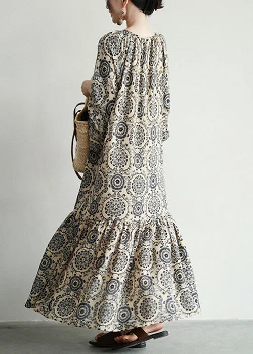 Stylish Print Lace Up Oversized Cotton Long Dresses Spring