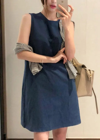 Loose Navy O-neck Long Dresses Summer