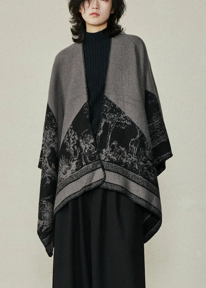Organic Black V Neck Print Cotton Knit Shawl Coats Fal